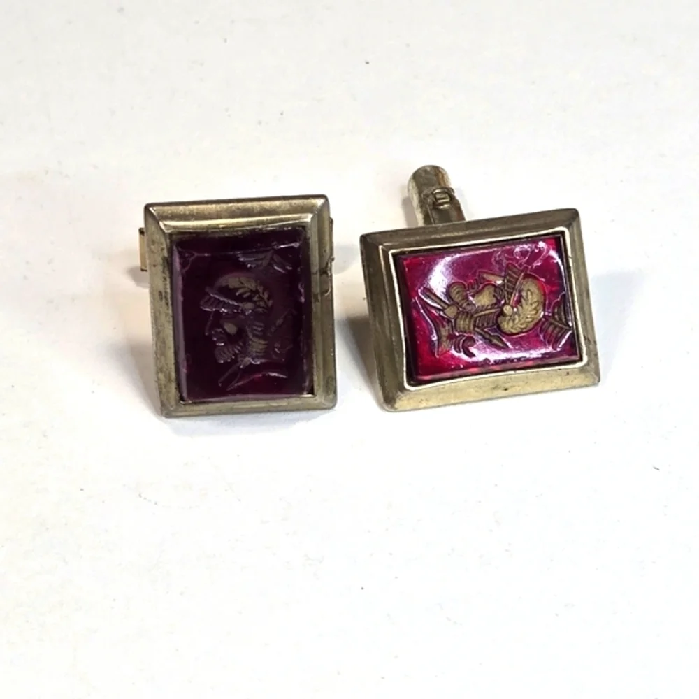 Vintage Centurian Cameo Cufflinks Reversed Carved Red Glass Goldtone Hardware
